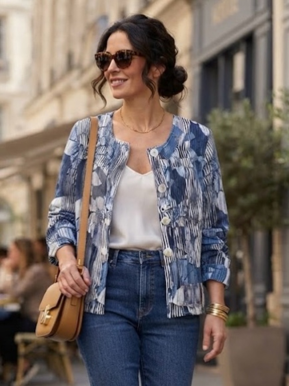 Luca Vanucci Made in Italy 100% Linen Blue White Floral Striped Jacket Blazer